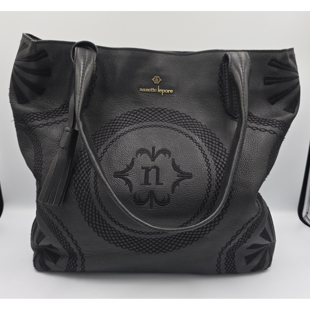 Nanette Lepore Black Genuine Leather Carryall Work Tote Shoulder Bag Boho Tassel
